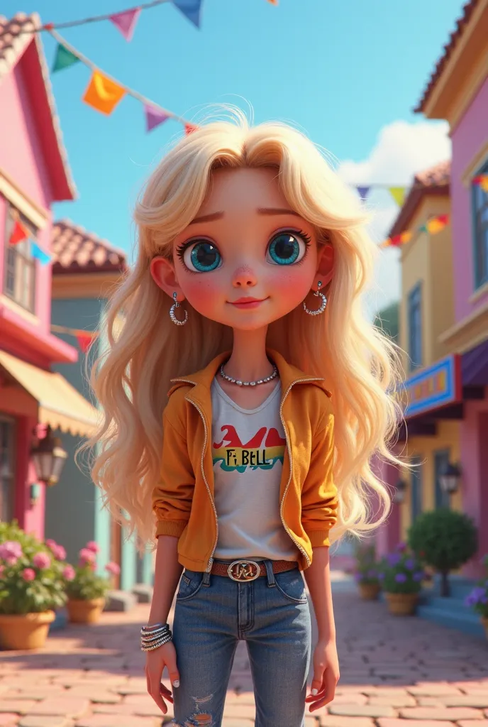 Disney pixar style movie poster, small girl with big blue eyes blonde hair, cool outfit and silver earrings and piercings, sign "pdoell", houses with pride flag