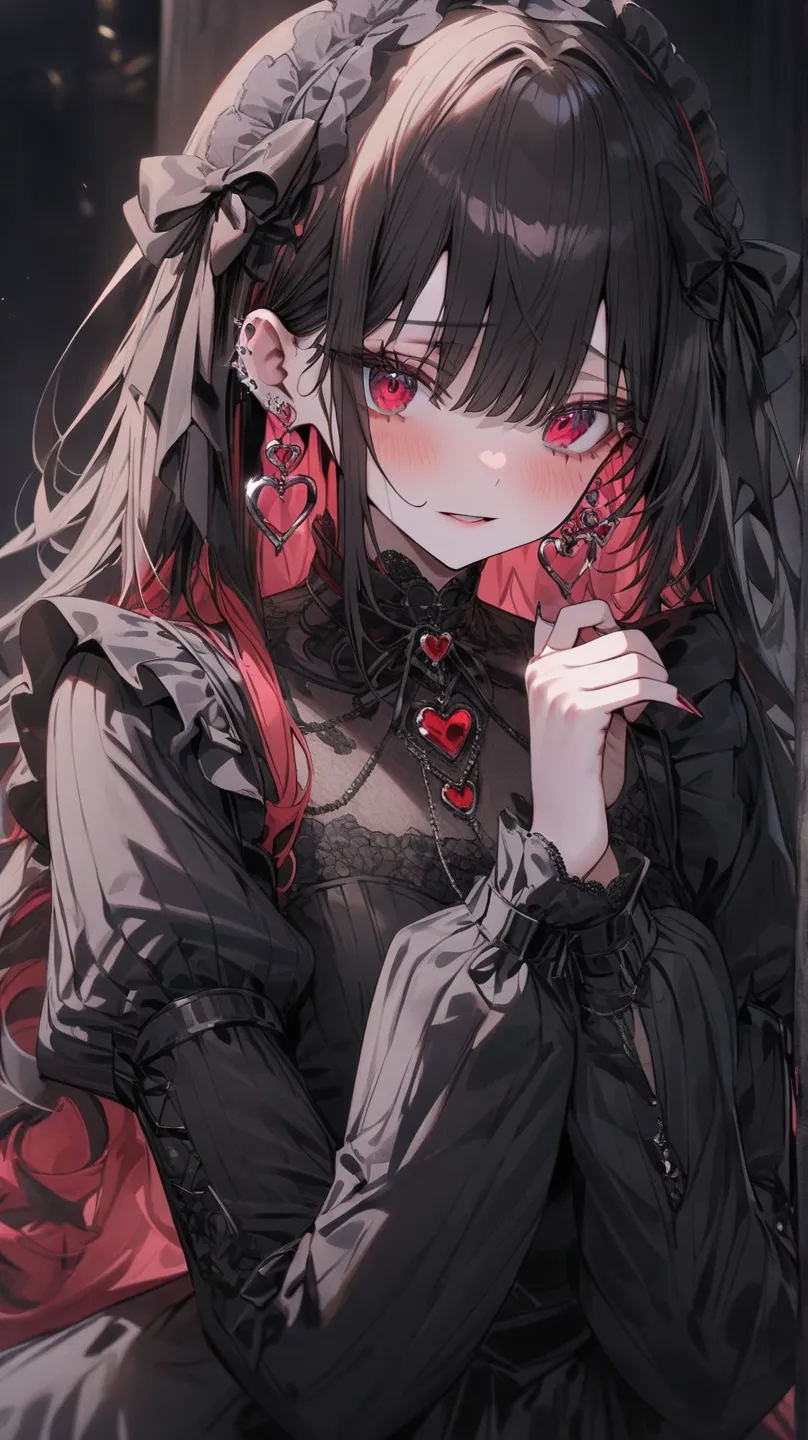 ((Best masterpiece, Perfect quality, Ultra detailed)), A slender girl with pale skin, Pink shorthair, Heart shape eyes, Wearing a gothic lolita, Hiding her face, Elaborate nail, Black lace, Heart shape earrings, Shy