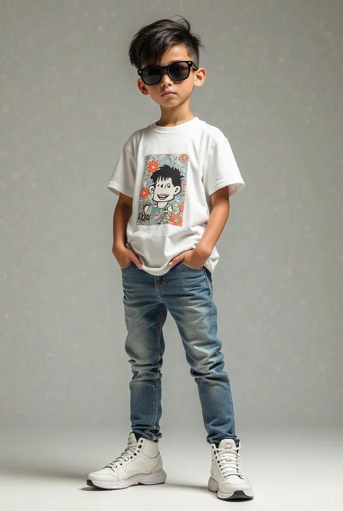 A 15-year-old boy with short hair, wearing sunglasses, a white cartoon T-shirt, long-legged jeans, white heeled sneakers, stood cool.