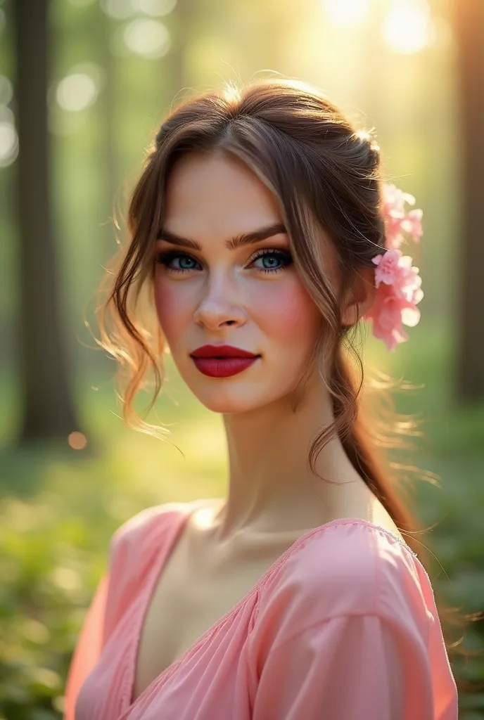 use the face from this photo? do alpha ? gentle pink makeup/ beautiful radiant face / pink outfit/ top or dress / somewhere in the woods