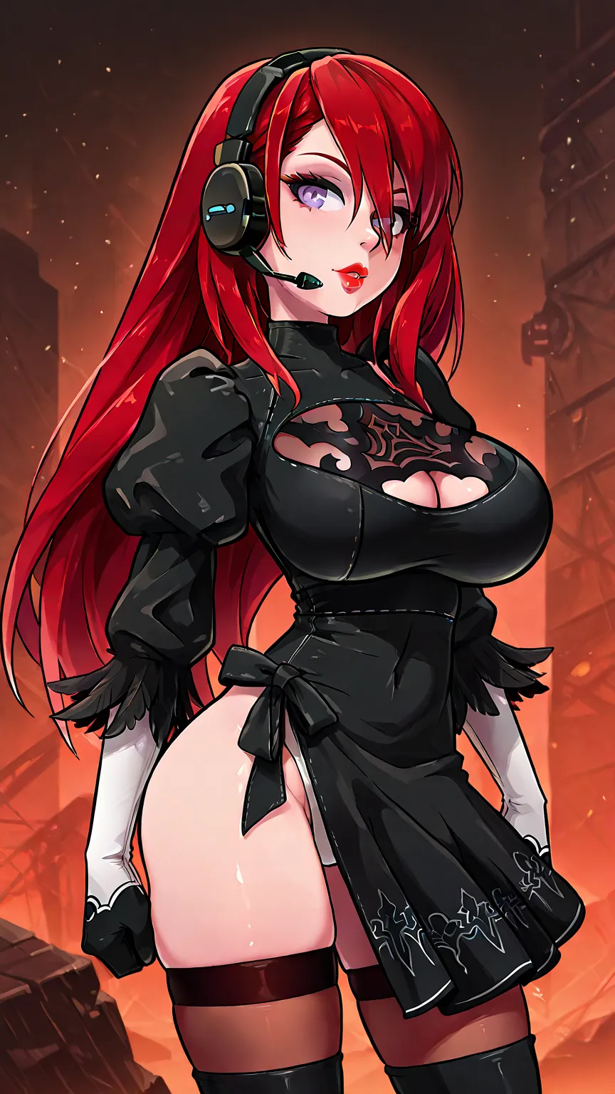  thin Caucasian girl with huge breasts, headset with purple eyes with long eyelashes and sweet red lips,  she has a rough and sexy look , his very long wavy dark red hair . He has a 2B Nier Automata costume with red hair.