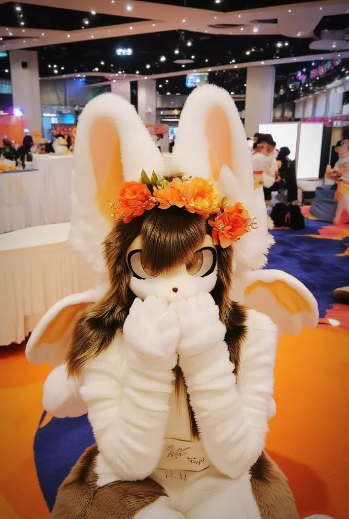 cute fluffy autumnal fennec fox girl with long dark brown hair, with intense eyelashes, orange flower crown, in a convention center, with angel wings, hands covering her mouth, orange eyes, black nose