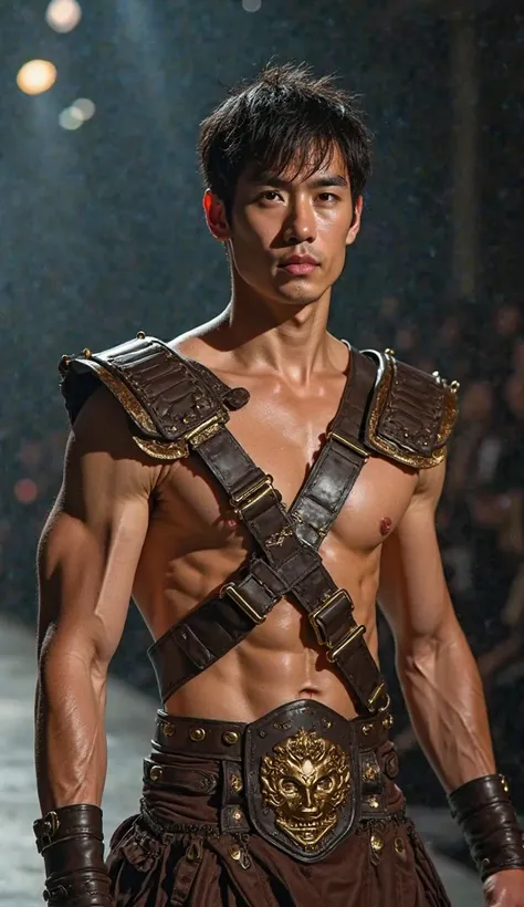 ((photorealism:1.2),  very Handsome japanese man, 22-27 year-old, in fashion show, wearing "Roman Gladiator Costume", on the runway, sexy