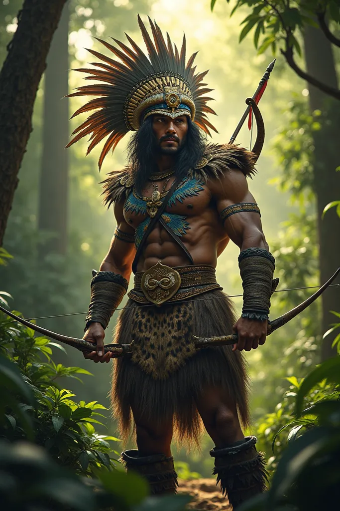 Indian man wearing plume in the middle of the forest with a bow and arrow and a jaguar suit