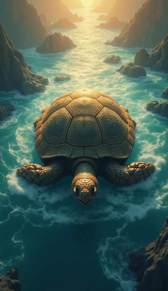 2. Kurma (The Tortoise)
Prompt:
Create a Disney Pixar-style wide shot of a massive divine tortoise {detailed description: glowing shell, ancient carvings, and a calm expression} in a cosmic ocean setting. The subject is placed centered in the frame and is ...