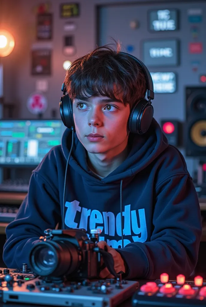 A 16-year-old boy is sitting behind a high-end studio and looking at his earphones and camera, reacting to a viral song and wearing a blue and black hoodie with the words "Trendy Time" written on it.