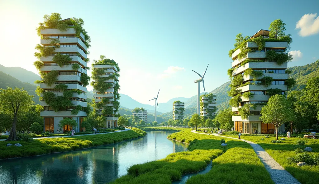 Create a photorealistic image an ideal eco-friendly world. Imagine a futuristic city, harmoniously integrated with nature. Tall modern buildings are built from natural materials, are covered with vertical green gardens and picturesque plantings. Around — i...