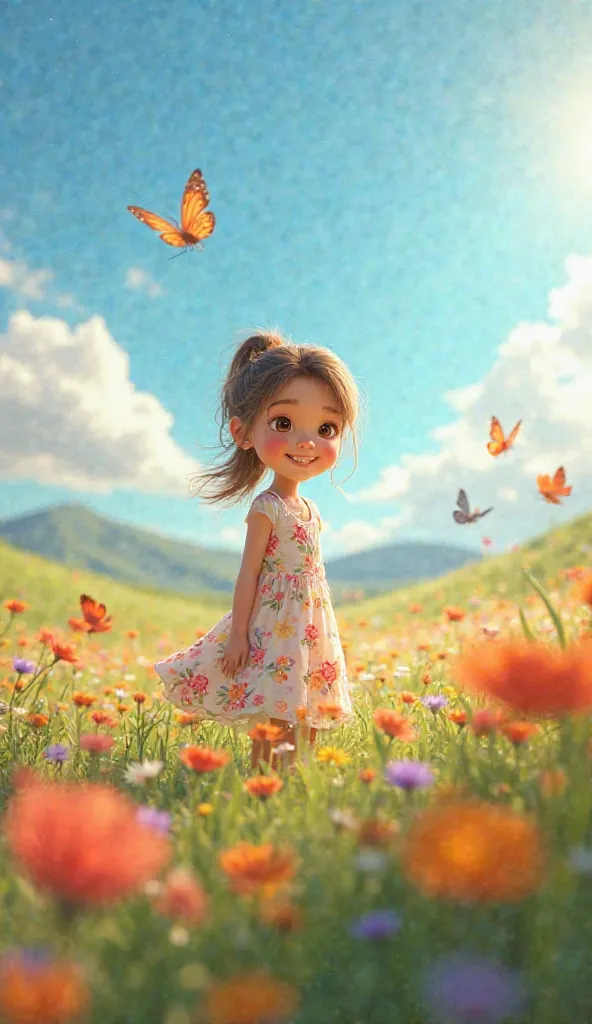 Pixar-style image of a  wearing a flowery dress in a flower field with butterflies around it, on a sunny day