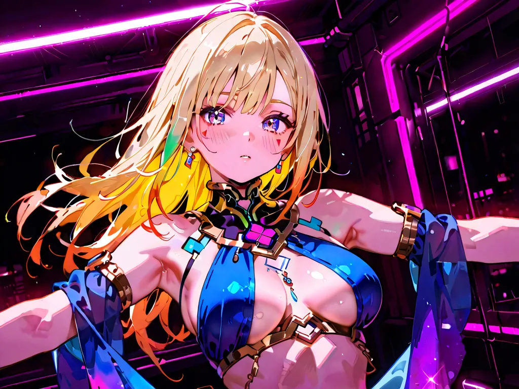 Dancer, cyberpunk theme, sexy. Dance pose.1girl, High Resolution, Long Hair, Breasts, Blush, Looking at viewer, colourful hair, blonde