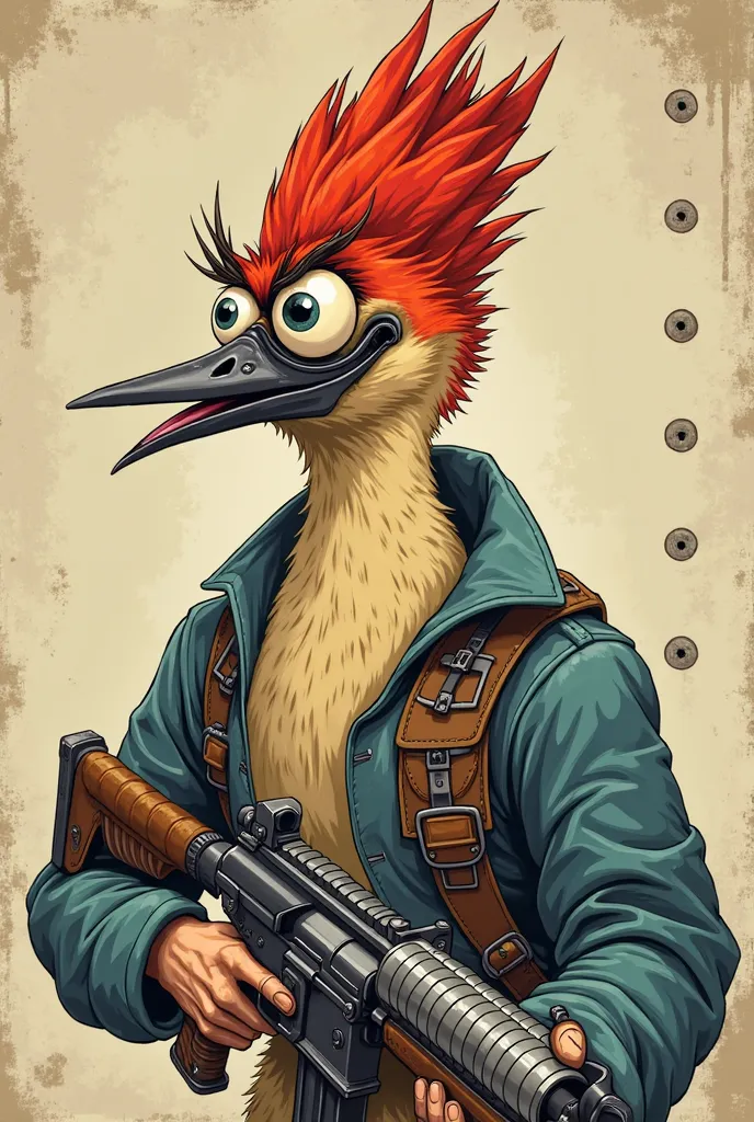 A woodpecker with a completely insane expression, wide eyes and a maniacal smile, drawn in an animated style inspired by the illustrations that American pilots painted on the sides of planes during World War II. The bird must have vibrant colors, dynamic t...