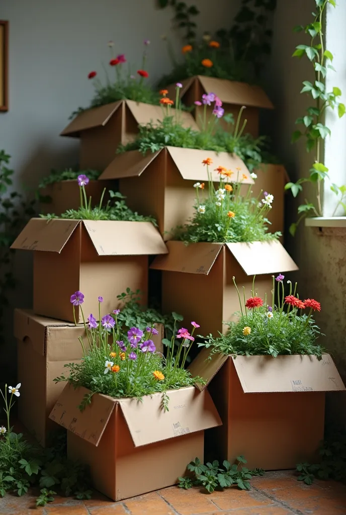 There are piles of cardboard boxes scattered around a photography studio. As the piles of cardboard boxes have aged a bit, ivy and spring flowers have started to grow around and inside the boxes. A spring air has come to the studio where these piles of age...