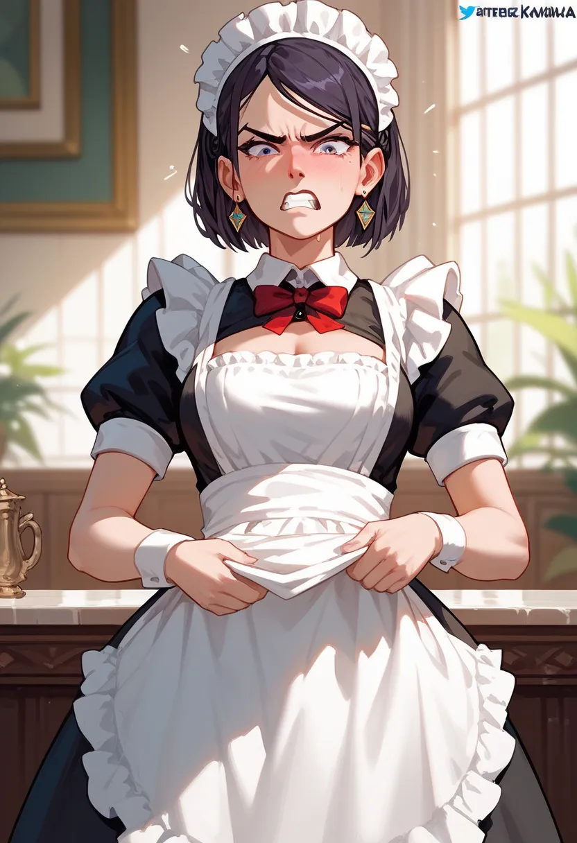 best quality, masterpiece,   Laura :Franziska _from_Karma-10 :0.8,Franziska vkarma, Alone, 1 girl who died,,is embarrassing, Maid headdress, Maid apron, Maid, Facing Viewer, frustrated,