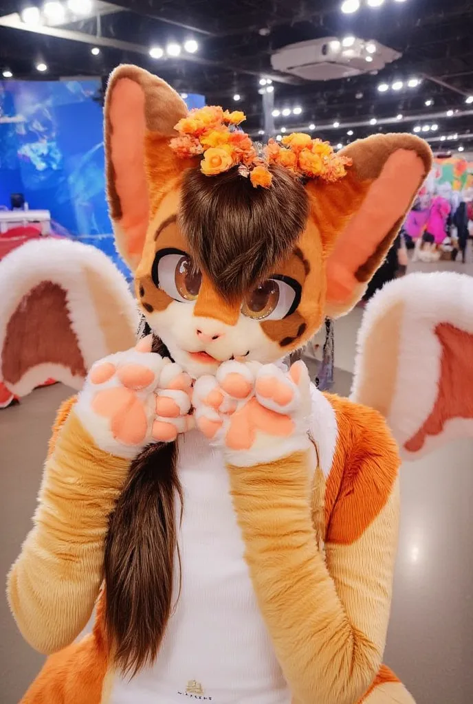 cute fluffy autumnal fennec fox girl with long dark brown hair, with intense eyelashes, orange flower crown, in a convention center, with angel wings, hands covering her mouth, orange eyes, black nose