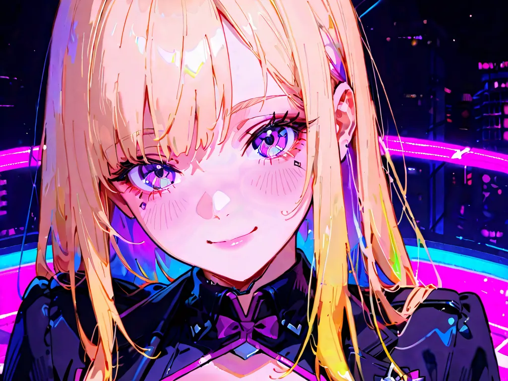 Dancer, cyberpunk theme, sexy. Close up. .1girl, High Resolution, Long Hair, Breasts, Blush, Looking at viewer, colourful hair. Close up, blonde, purple eyew, formal
Attire, smile. 