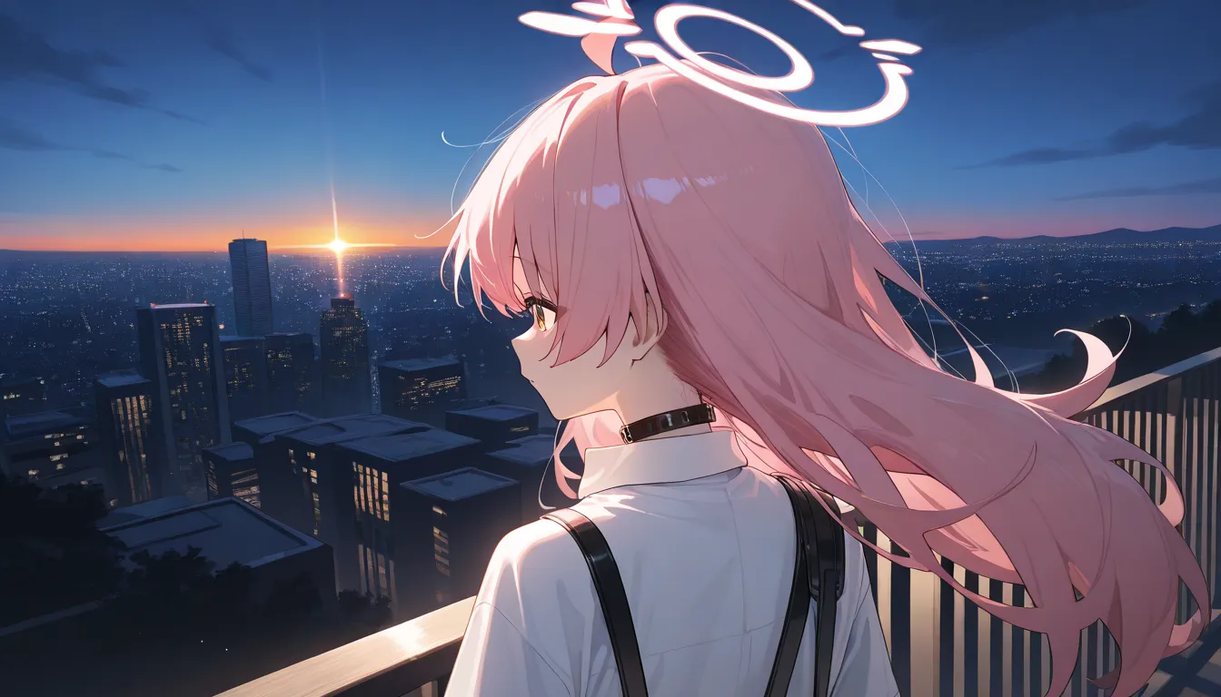 걸작,top quality,Very Beautiful,Very high resolution,1 female,Hoshino_\( _ storage \), pink_hair,alone, _shirt,long_hair,Ahogeo,collar_shirt, pink_halo,shoulder_Looking for a strap , white shirt, collared shirt, ahoge, standing alone, walking away, silhouett...