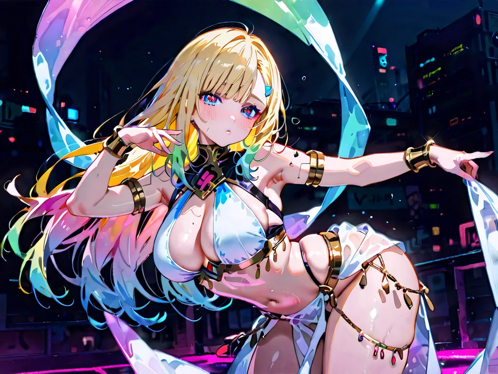 Dancer, cyberpunk theme, sexy. Dance pose.1girl, High Resolution, Long Hair, Breasts, Blush, Looking at viewer, colourful hair, blonde