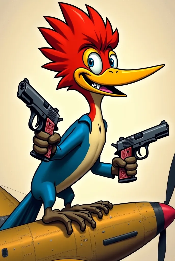 A woodpecker with a completely insane expression, wide eyes and a maniacal smile, drawn in an animated style inspired by the illustrations that American pilots painted on the sides of planes during World War II. The bird must have vibrant colors, dynamic t...