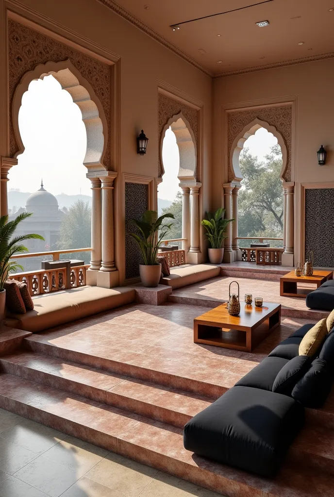 "Ultra-realistic, HD inter-leveled seating in a rooftop café overlooking Jama Masjid, Delhi. Split levels with red sandstone steps and white marble accents create cozy, elevated seating zones. Classical Mughal-style arrangements with low divans, plush cush...