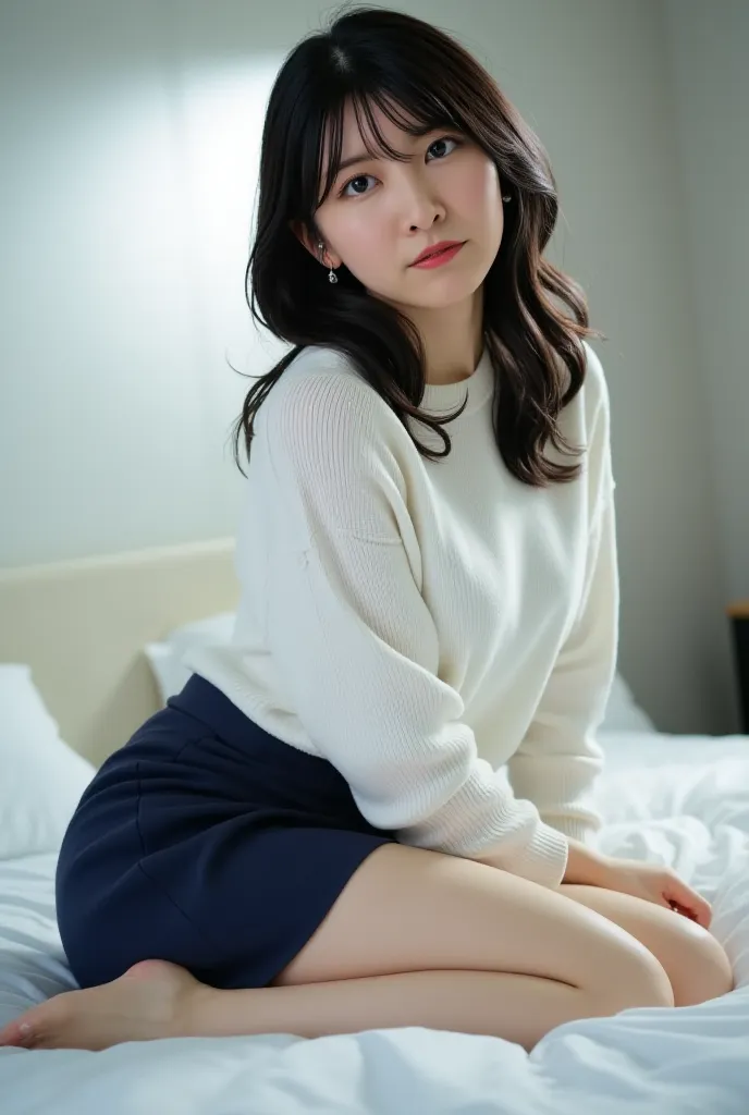 (((  Low Angle Shot 、  biologically accurate images 、       looking down at camera    :1.22,     Anxious face,Office,sitting on bed,leaning back,undressing white sweater,navel,navy skirt  , white panty in skirt,Medium hair,outward curling))),   1 Japanese ...