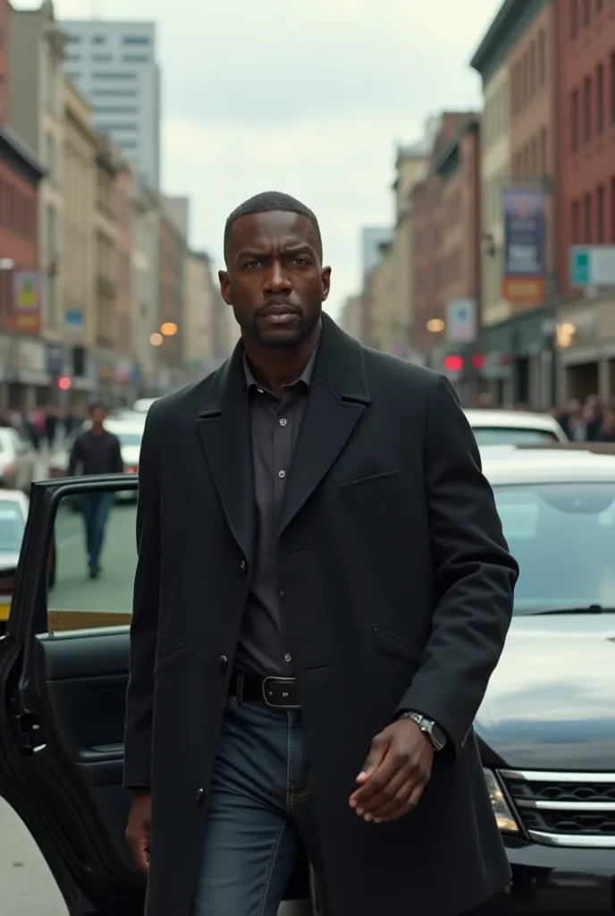 A black man dressed in a jacket getting out of a car on the street 