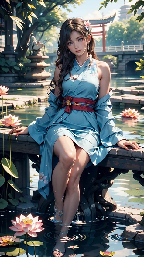 There is a blue dress, 16 long legs,   woman sitting on a rock underwater, Standing gracefully on a lotus flower, Heavenly Beauty, Unvolume ,  court , Girl in Hanfu, Unvolume , Summer is full of fairies, In the pond, white Hanfu, beautiful young and gracef...