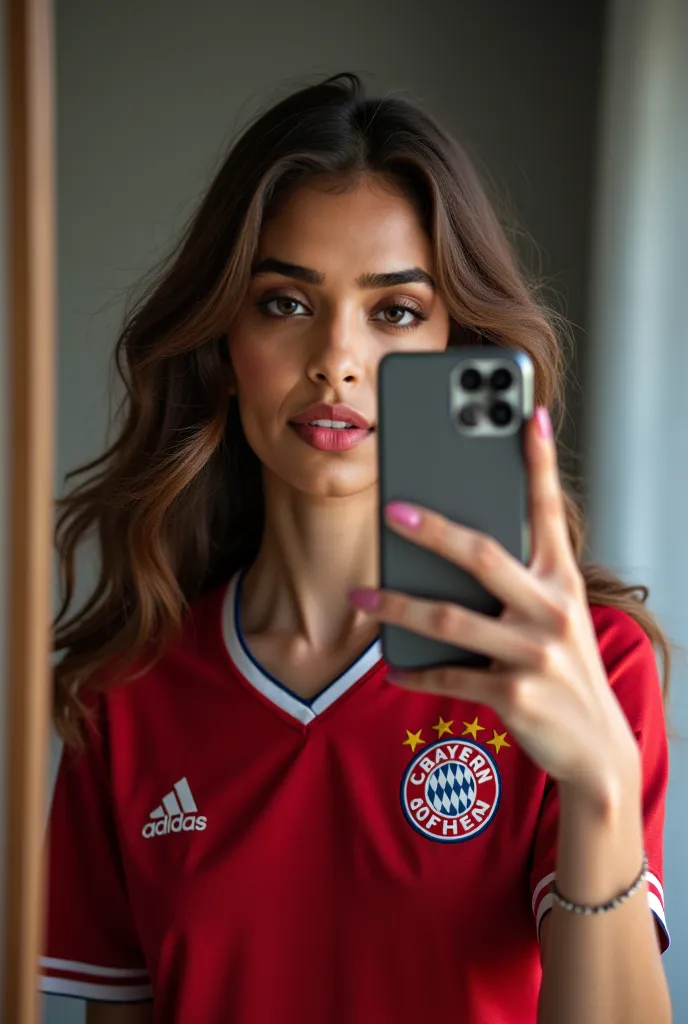 (Beautiful girl),( taking mirror selfie), (face hidden by phone), (wearing Bayern jersey) ,(phone= Xiaomi Mi 10t),(proper detailing)