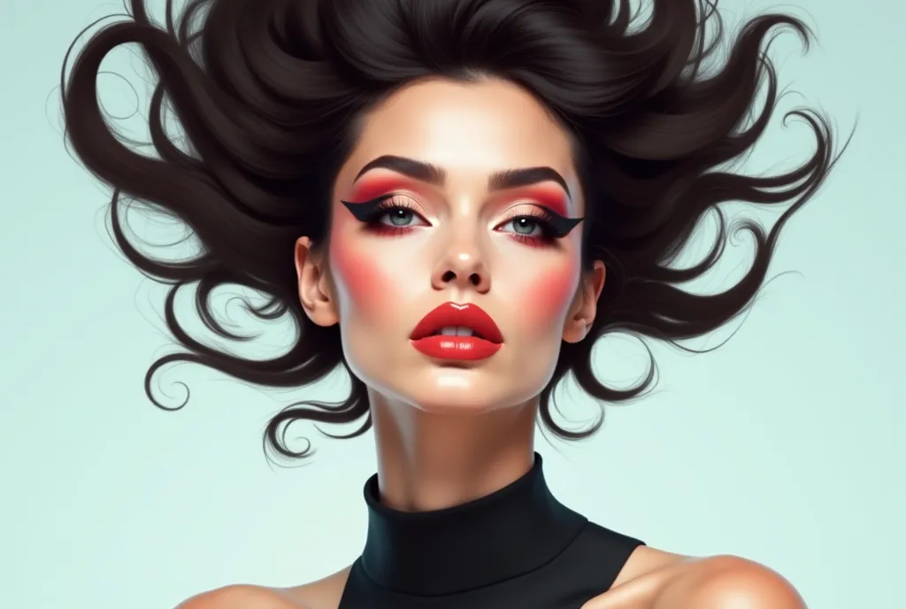 A stylized, fashion-forward portrait of a woman highlighting unique, visually striking makeup and hairs. 2