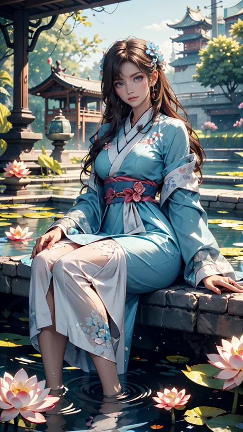 There is a blue dress, 16 long legs,   woman sitting on a rock underwater, Standing gracefully on a lotus flower, Heavenly Beauty, Unvolume ,  court , Girl in Hanfu, Unvolume , Summer is full of fairies, In the pond, white Hanfu, beautiful young and gracef...