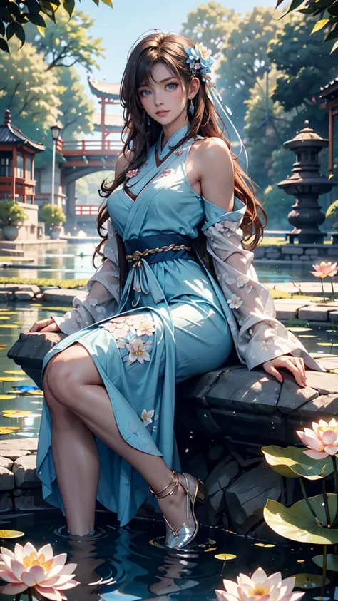 There is a blue dress, 16 long legs,   woman sitting on a rock underwater, Standing gracefully on a lotus flower, Heavenly Beauty, Unvolume ,  court , Girl in Hanfu, Unvolume , Summer is full of fairies, In the pond, white Hanfu, beautiful young and gracef...