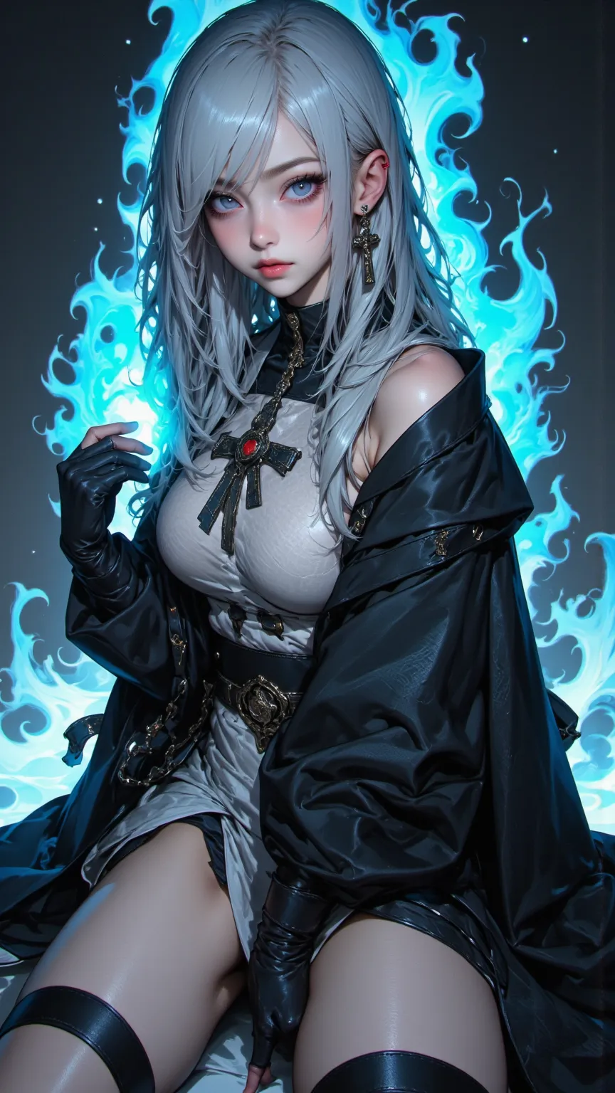 A beautiful woman in a black robe sits on the edge of a cliff。Sharp Eyes，Green Pupils，One knee is raised to his chest。His abdomen is bandaged under his robes（ bleach style ）。placed a large sword on the ground next to him 1：5。He has long silver hair。
Surrou...