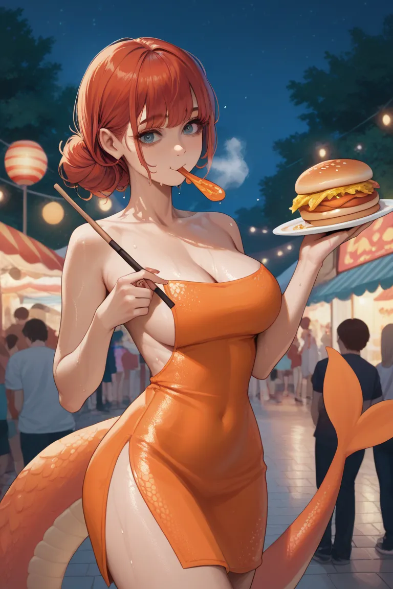 a salamander woman, long red hair with bangs, sweaty orange-bronze skin, extremely short sexy dress, voluptuous, naked, scales, salamander tail, steam, eating stick hotdog, night festival 