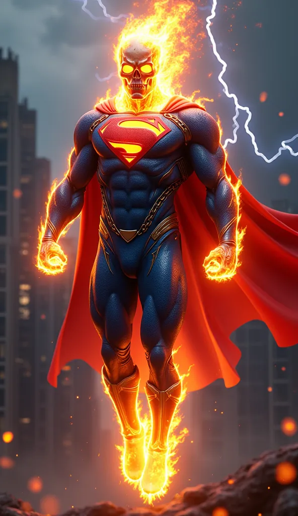 Here is a prompt for a fusion of Ghost Rider and Superman:

Prompt:
"A highly detailed, realistic 3D-style digital artwork of a fusion between Ghost Rider and Superman. The character has Superman's muscular physique, blue suit with red and yellow 'S' emble...