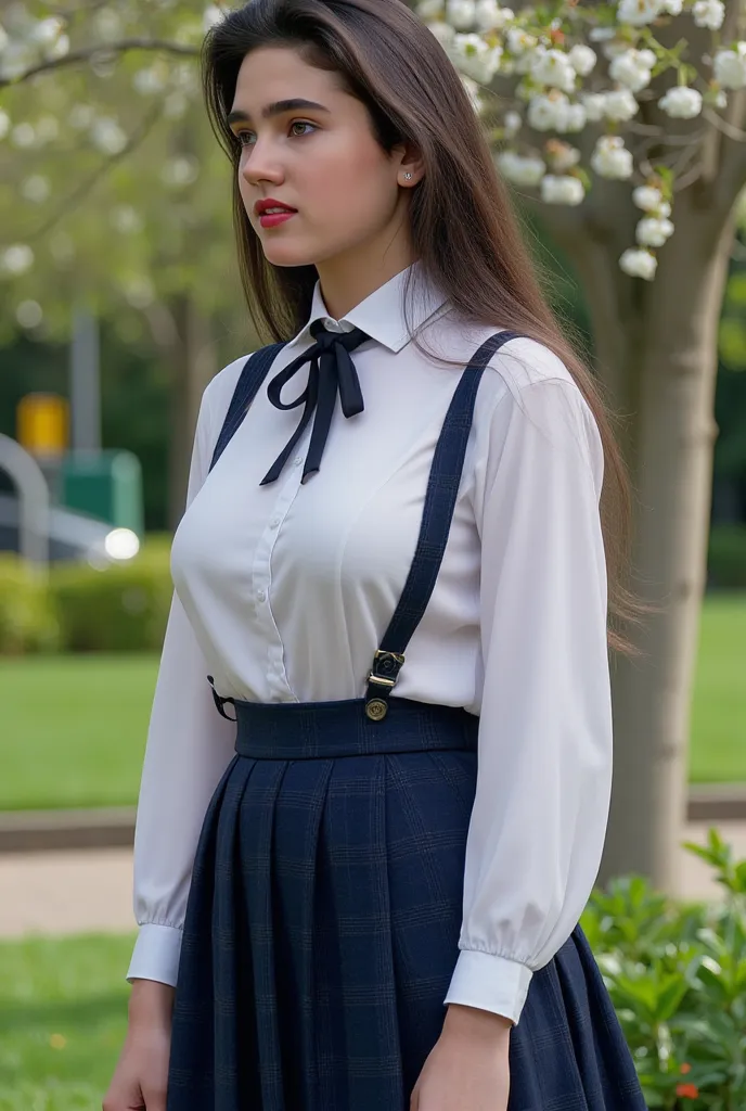 realistic pictures、one girl、wearing a white blouse with a black ribbon tie and a navy blue plaid pleated skirt with straps、Beautiful European girl Jennifer Connelly, tall, long-legged, and broad-shouldered、 plump breasts、At a sunny park with blooming flowe...