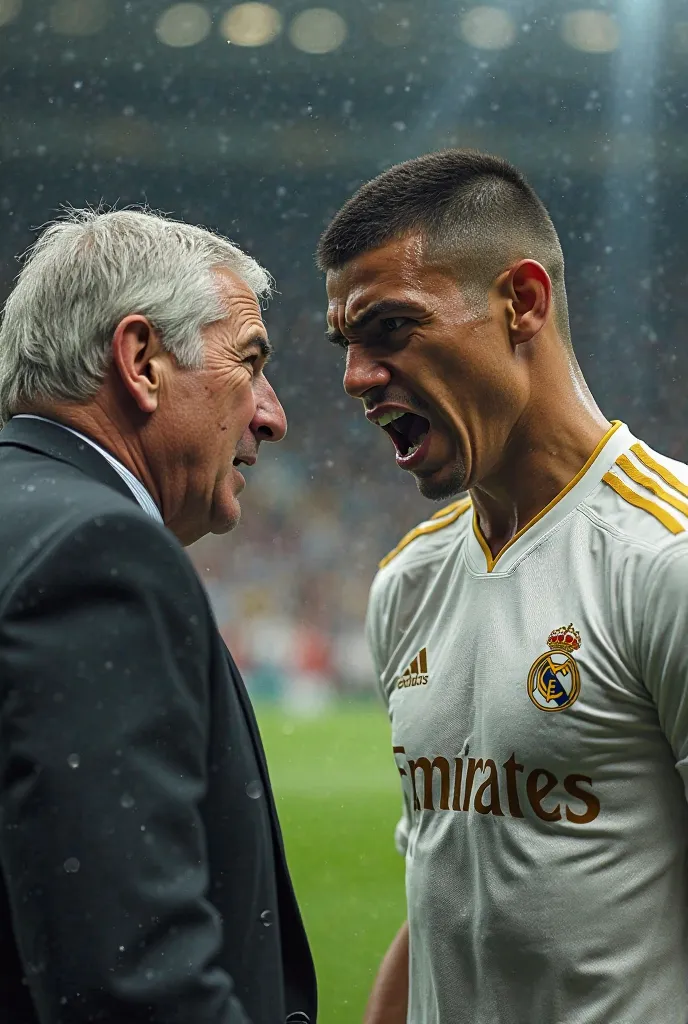 Julián Mbappe wearing the Real Madrid shirt angry with Carlos Ancheloti