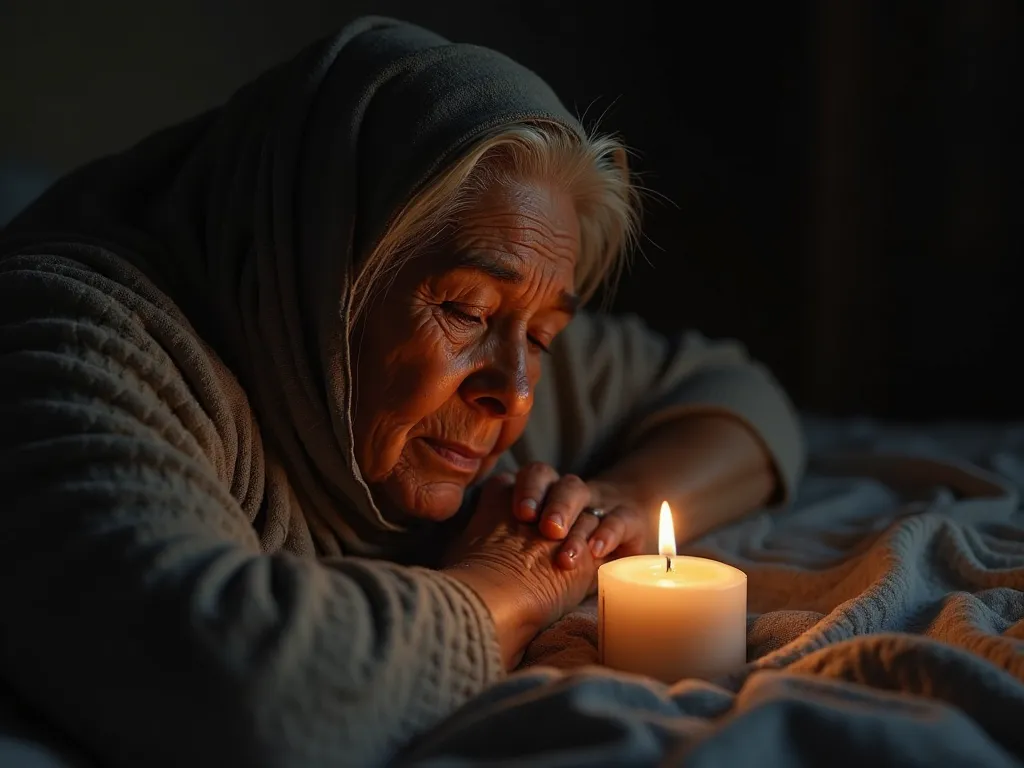 A humble, aged woman praying at the foot of her bed, eyes closed, illuminated by a single candle by her side, tears streaming down her cheeks as she whispers prayers, deep emotion and faith radiating from her presence, dim and intimate setting, 8K, UHD, ul...