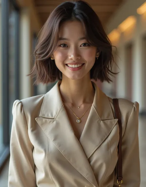 Photorealistic portrait of a fabulous, film grain, top quality, Ultra High Resolution, Japanese woman, 25years old, Height: 165 cm, slim, big smile, long face, fashion model posing, looking at the camera, short hair, straight hair, shoulder length, brown h...