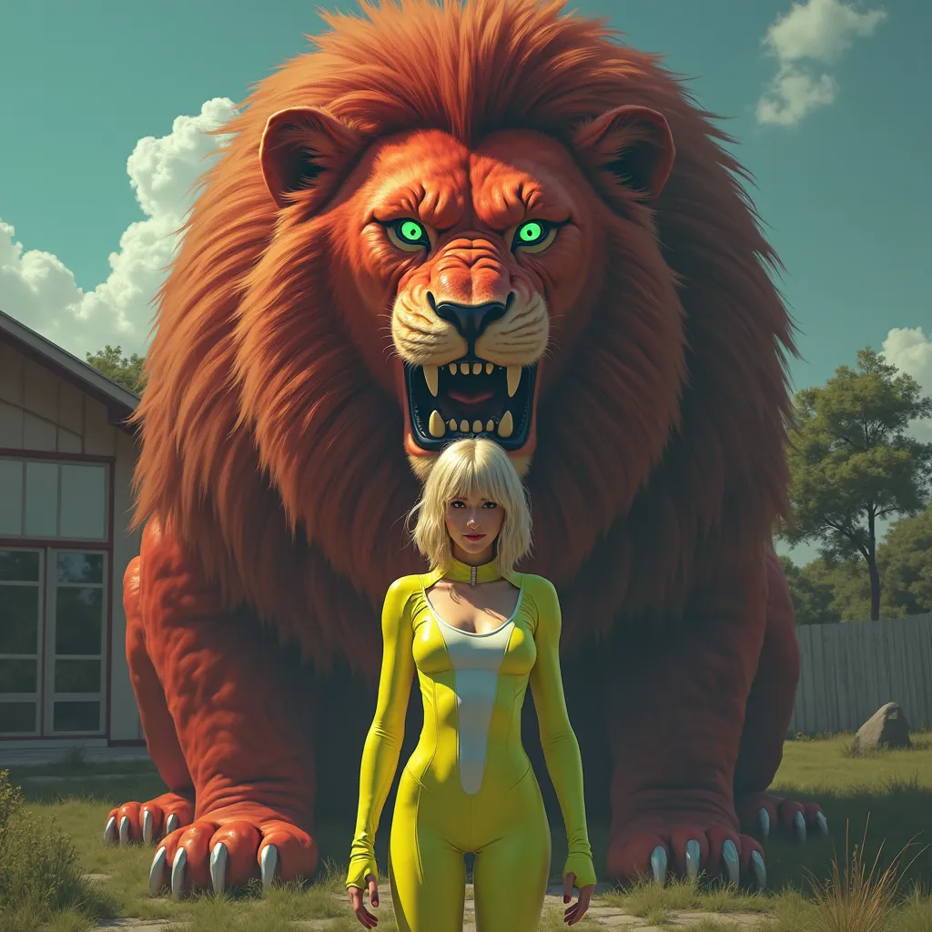 A realistic and semi-realistic rendering of big mulher sueca vestido cabelo amarelo fluorescente olho roxo terno zero suit camisa branca sapato yellow cinto white  standing confidently in front of a gigantic,  lion mosnter humanoide  cuspindo fogo. The bod...