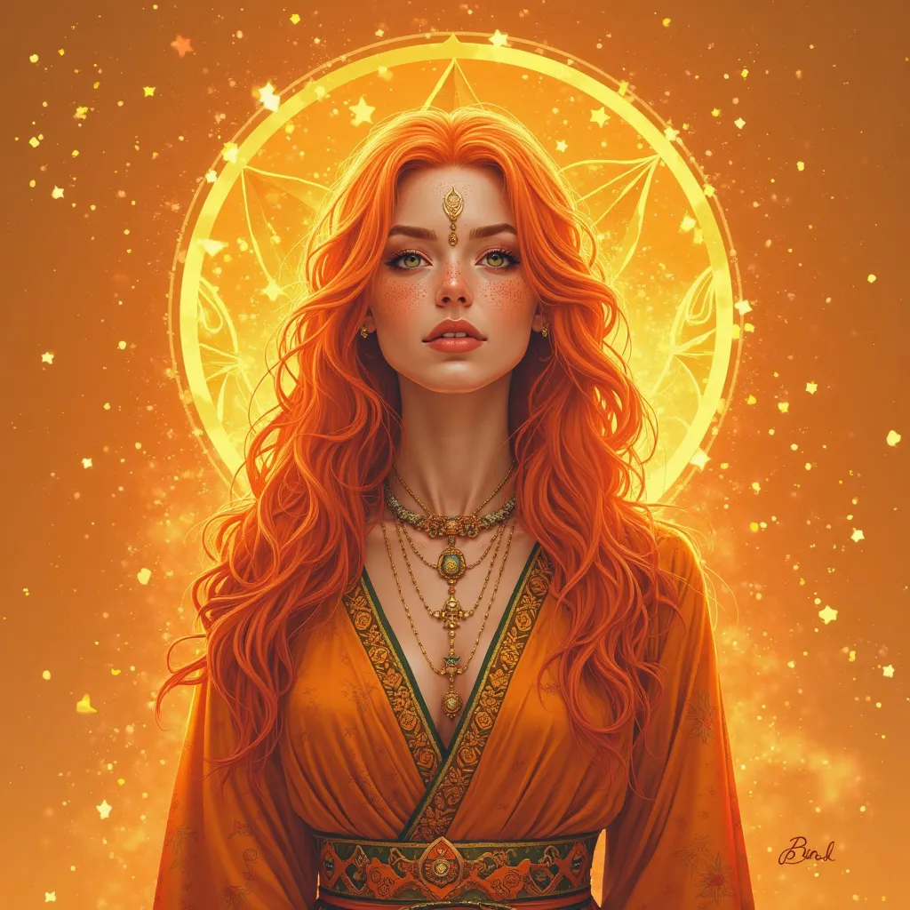 Female goddess with orange hair and clothes and freckles on a logo background in orange color with ByBallim lettering