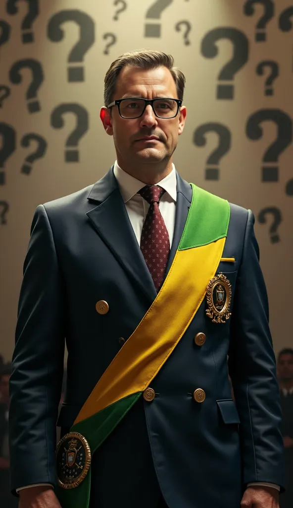 Create an image of the Governor of the State of Paraná Ratinho Junior (following the reference image), with the Brazilian presidential stripe on the chest and several question marks in the background, without glasses and without the pendant on the suit