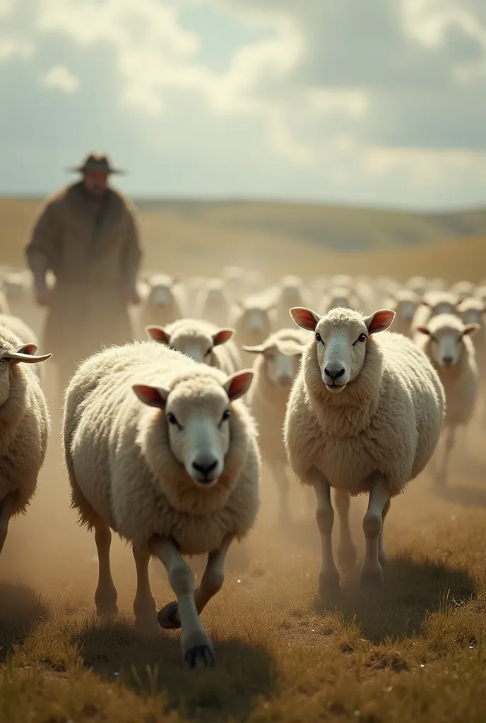 Sheep fleeing their shepherd