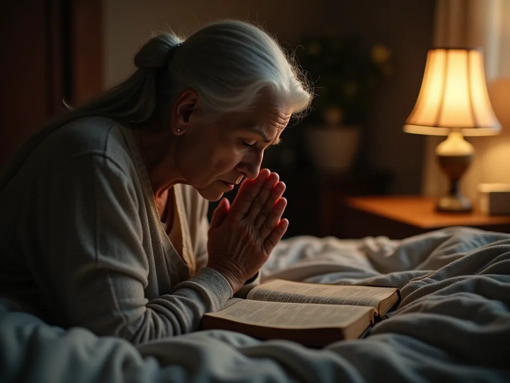 . A devout woman kneeling at her bedside in prayer, hands clasped and head bowed, soft lamplight illuminating her face, worn Bible open on the bed, the atmosphere filled with devotion and humility, subtle wrinkles showing a life of faith, 8K, UHD, ultrarea...