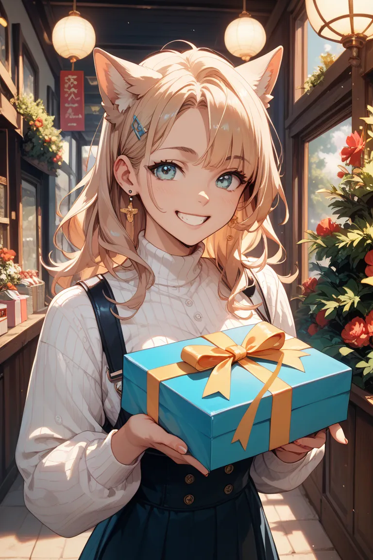 Smiling wolf holding a present