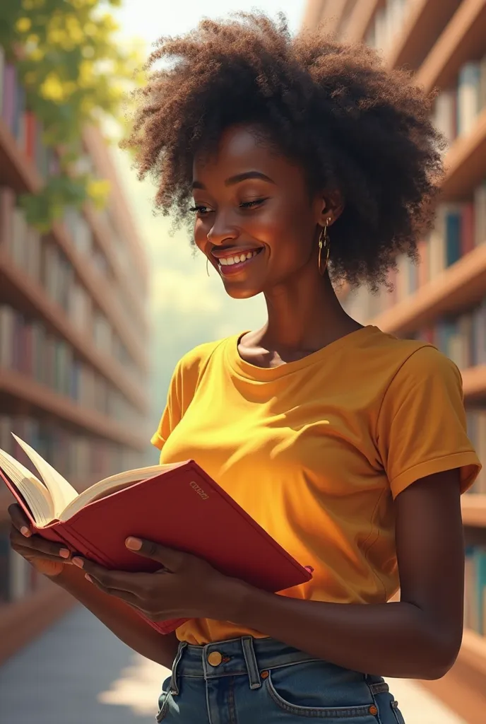 A hyper-realistic digital painting of a beautiful young black student, dark-skinned, looking at an open book with joy and excitement. She wears a casual student attire, including a vibrant yellow-orange t-shirt (FFAA00) and well-fitting jeans. Your radiant...