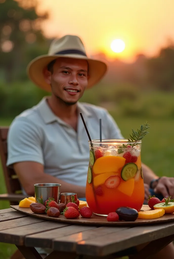 A man wearing a peci, sitting in an open area with a beautiful natural scenery and sunset as the background. He smiles softly and seems to enjoy the atmosphere. In front of him is a wooden folding table with a large container filled with ice cubes and vari...