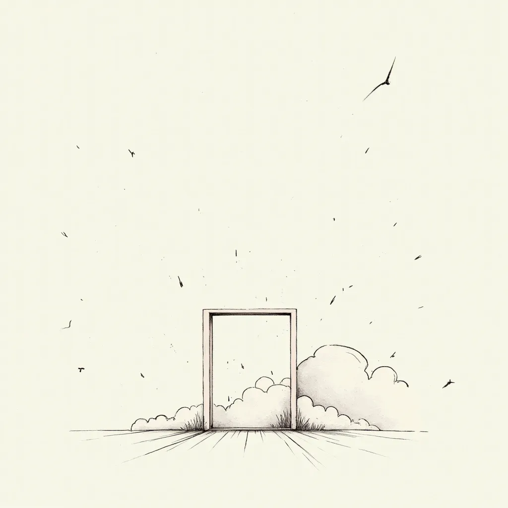 lowercase ， sketch，artistic concept， window，cloud， minimalism，(((Negative Space ,Lower left composition )))