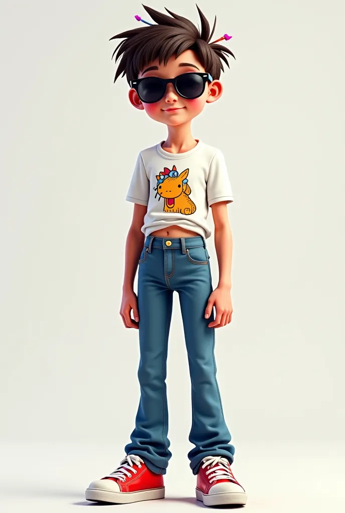 Create an image of a 15-year-old girl as a full-body stand-up, wearing sunglasses, short hair with multi-colored clips, wearing a white cartoon T-shirt.(Don't see the navel)Stuffed in pants, wearing high-waisted jeans, cool sneakers 