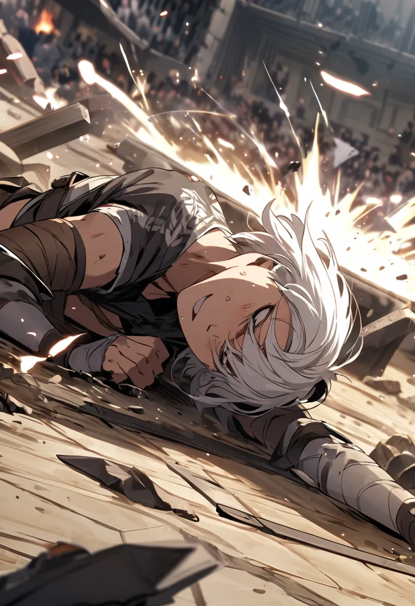 Warrior boy with white hair, on the floor, defeated, in a battle arena.