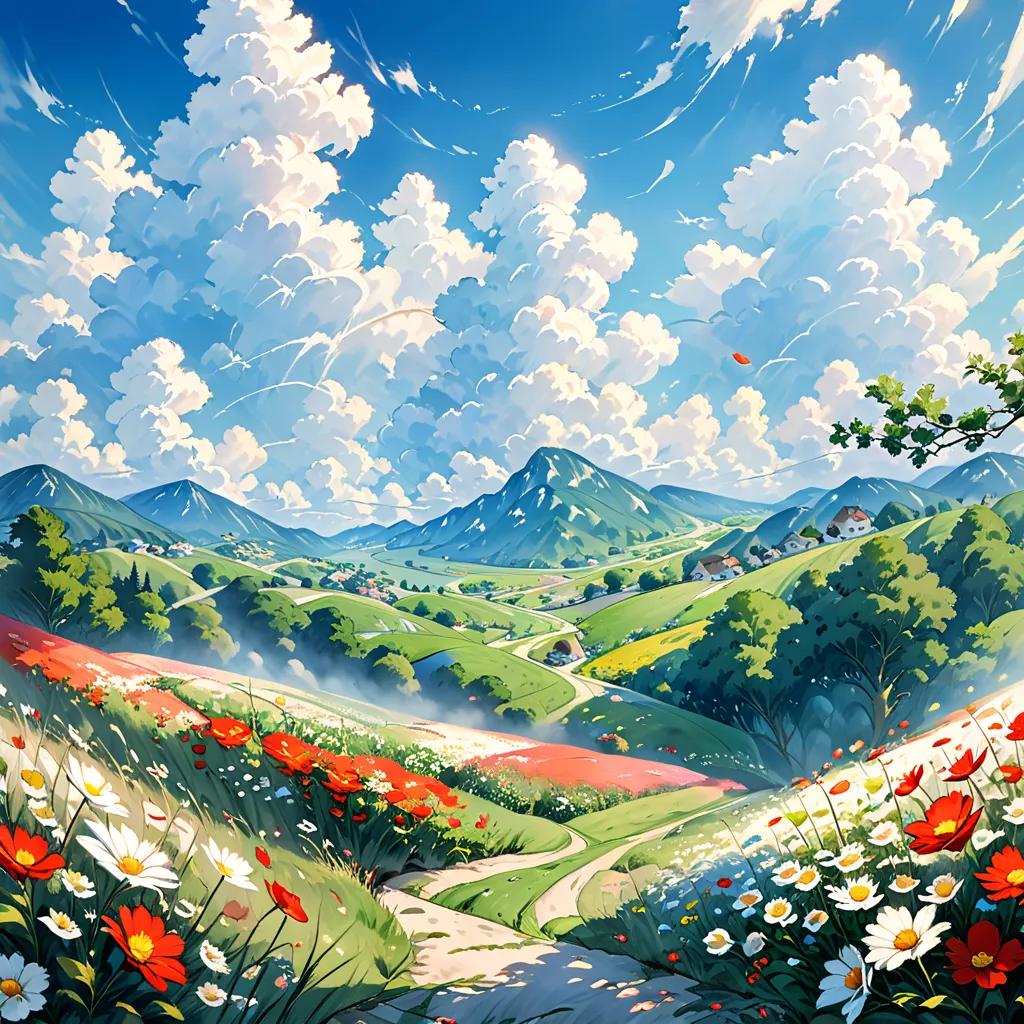 realistic, Genuine, Beautiful and amazing landscape oil painting studio Ghibli Miyazaki Hayao&#39;Petal meadow with blue sky and white clouds -v6 