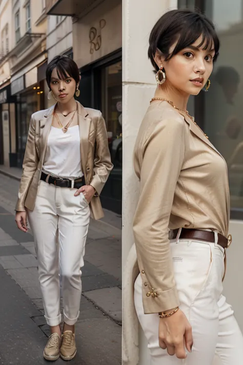 a  chick with straight black hair Pixie cut bangs split left, wear a gold earring necklace ,Mekai bracelet in black color on the right hand, Slim-skinned, beige long-sleeved shirt in white with a brown blazer white trousers with a brown belt wears shoes he...