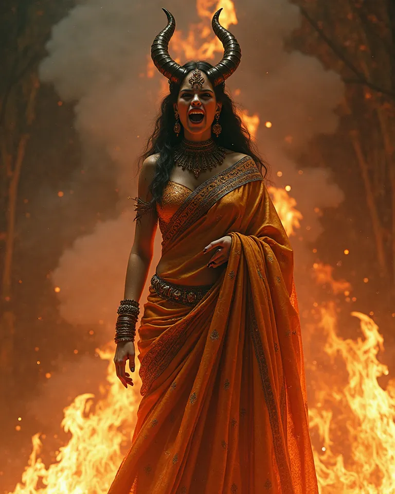 A beautiful demon woman with grand saree standing on pyre screaming because she is getting burned.